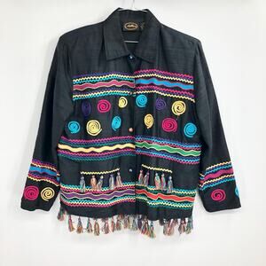 Allure Silk Art to Wear Shacket Colorful Textured Accents Fringe Tassels Size M
